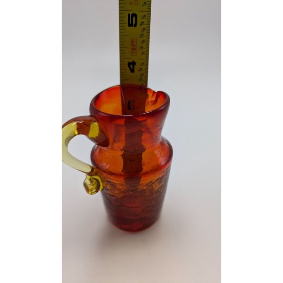 Blown Cracked Glass Amberina Pitcher Applied Handle Red Yellow Orange Vintage - Picture 2 of 10